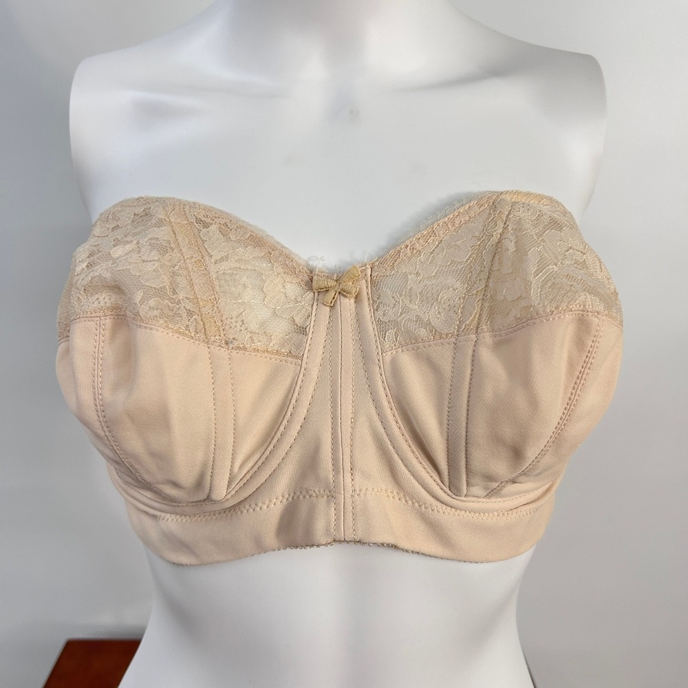 Vintage Goddess 389 Strapless Bra 36D Beige Lace Underwire Bridal Coquette